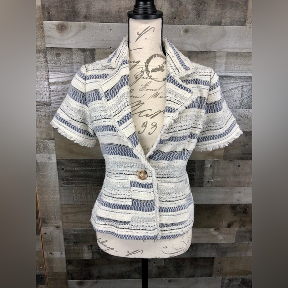 Greylin Jackets & Blazers - Greylin Anthropologie Jacket/Blazer Short sleeve, Frayed Boho, small, blue/white